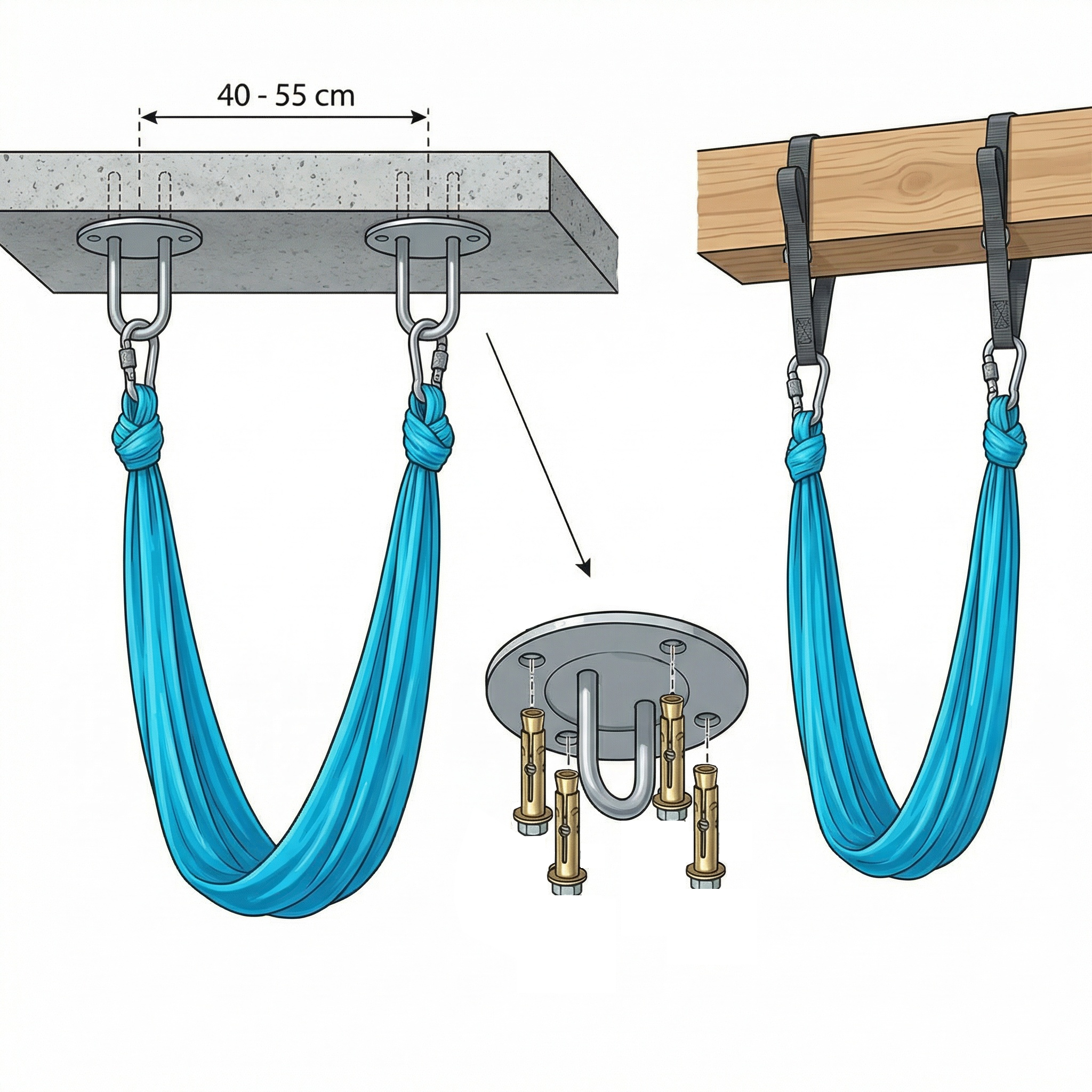 Hamak do jogi aerial | 6 m | Złoty schemat_mocowania